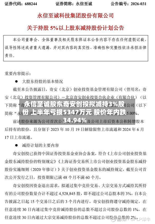 永信至诚股东奇安创投拟减持3%股份 上半年亏损5347万元 股价年内跌34.94%
