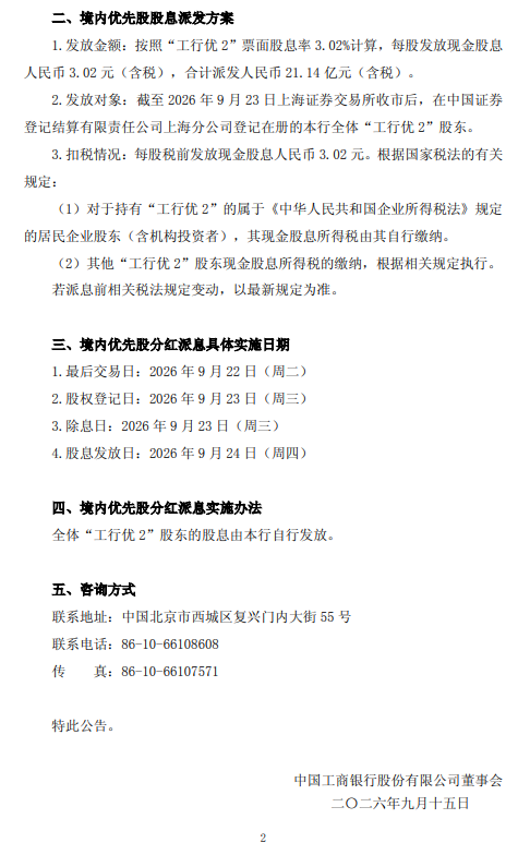 工商银行：拟派发“工行优2”股息，每股发放3.02元