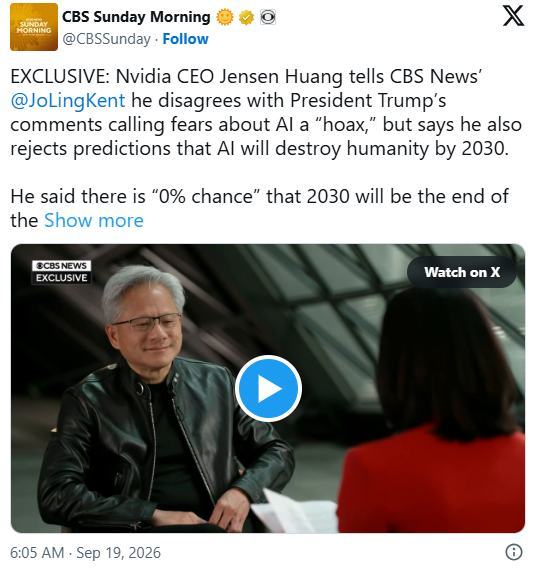 黄仁勋再度驳斥“AI末日论”：2030年世界末日概率为零